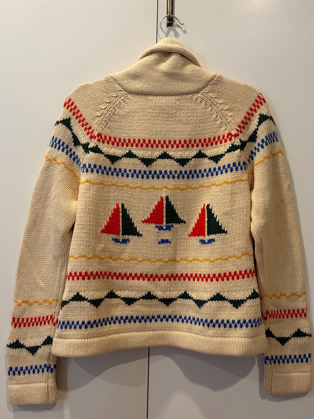 THE GREAT. Cream Shawl-Collar Cardigan with Nautical Sailboat Motif - Picture 2 of 6